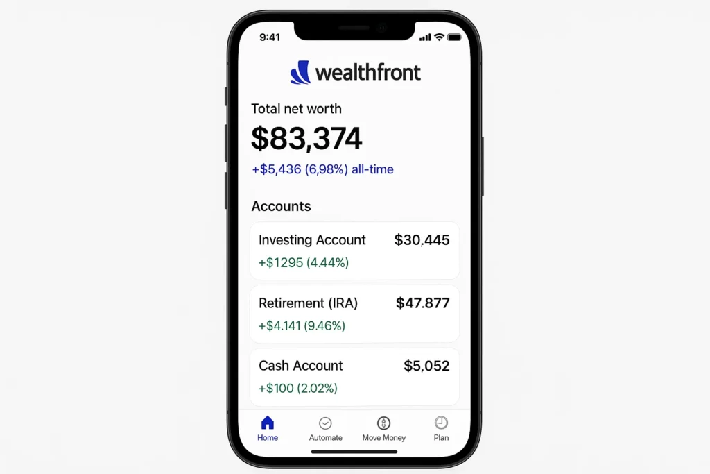 Wealthfront mobile app showing total net worth, investing account balance, retirement IRA balance, and cash account details on a smartphone screen