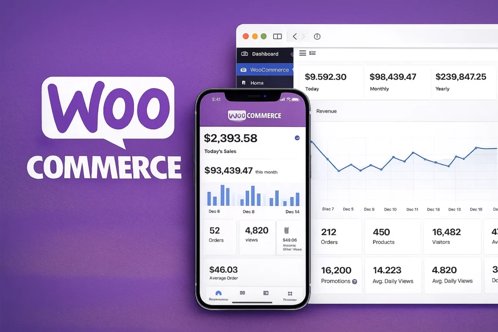 WooCommerce logo with mobile and desktop analytics dashboards displaying daily sales, monthly revenue, product statistics, customer insights, and performance graphs.