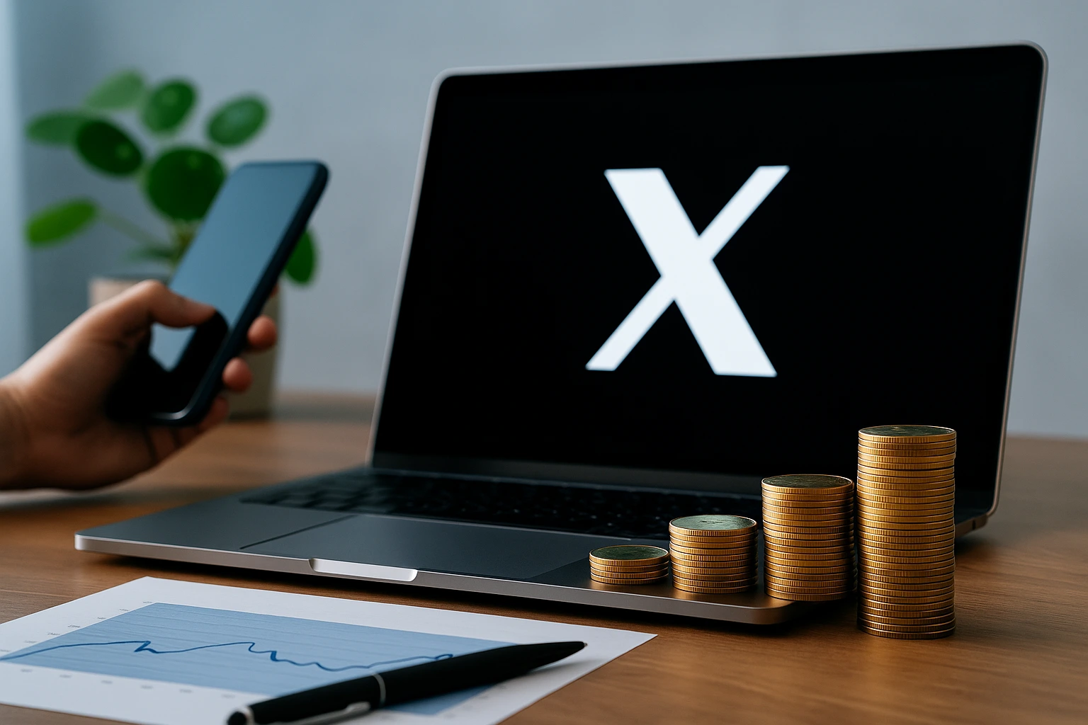 Workspace with laptop showing X logo and stacked coins representing X Clone monetization and revenue growth