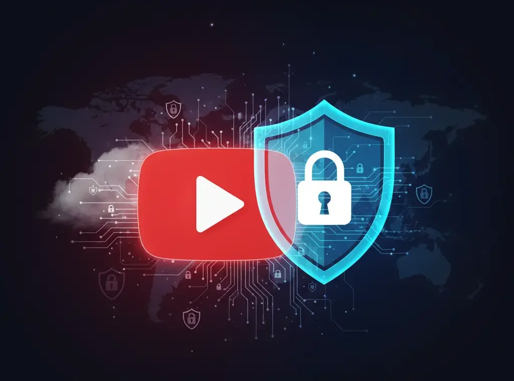 YouTube app security illustration showing a play button icon with a digital lock and shield representing privacy and data protection.