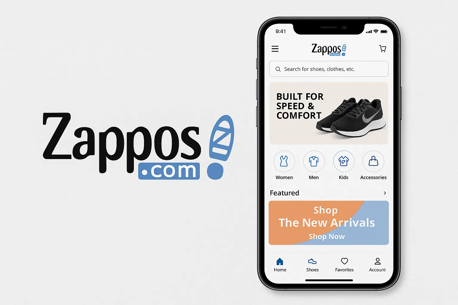 Zappos logo displayed next to a smartphone showing the Zappos shopping app interface.