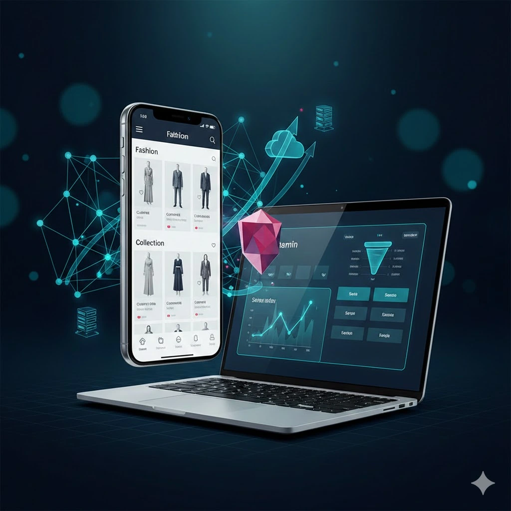 Premium Revolve Clone Script fashion ecommerce clone with storefront UI, admin analytics dashboard, and scalable infrastructure visuals