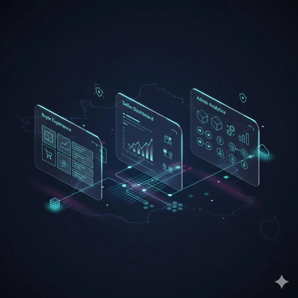 Futuristic French marketplace concept showing buyer UI, seller dashboard, and admin analytics connected by scalable ecommerce network nodes for a Cdiscount clone Script.