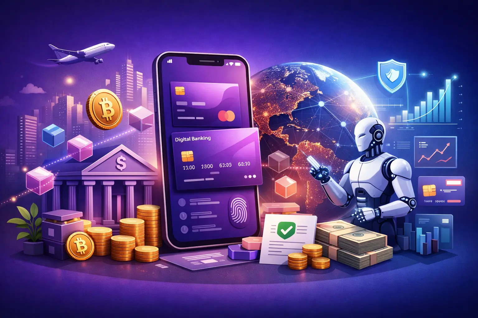 Nubank clone Script digital banking interface with virtual cards, fintech dashboard, AI security, and global neobank ecosystem visuals.