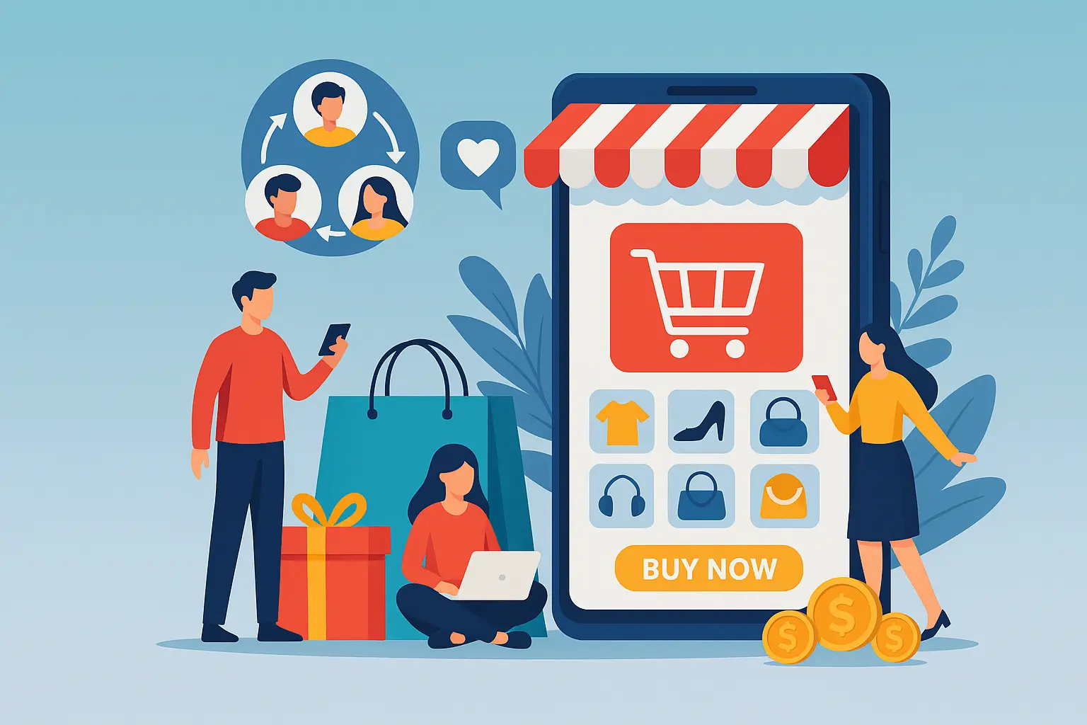 Group-buying social commerce marketplace illustration showing users interacting through mobile apps and shared discounts