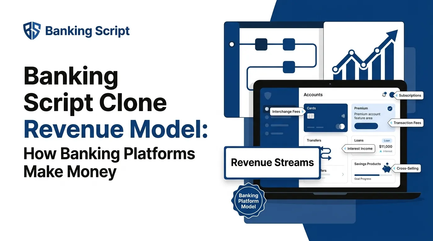 Banking script clone revenue model featured image showing a digital banking platform dashboard with cards, transfers, loans, savings products, subscriptions, interchange fees, transaction fees, interest income, cross-selling, and revenue growth analytics.