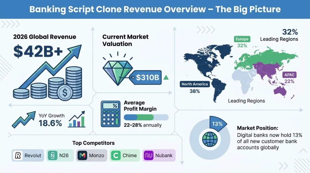 Banking script clone revenue overview infographic showing 2026 global revenue, market valuation, year-over-year growth, average profit margin, regional market share, digital banking adoption, and leading competitors including Revolut, N26, Monzo, Chime, and Nubank.