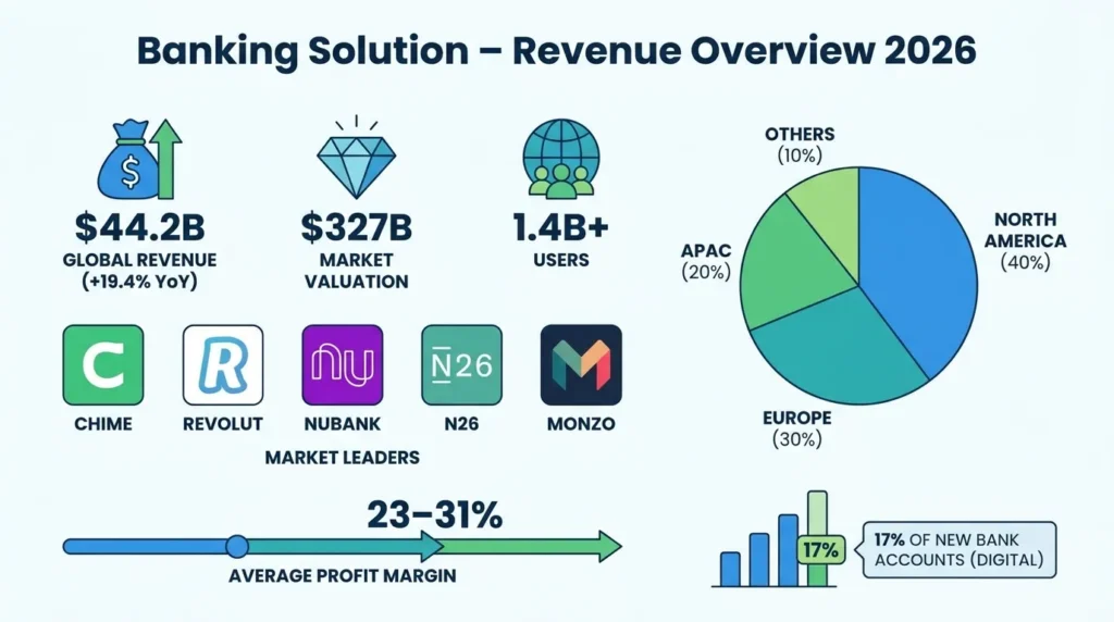 Banking solution revenue overview infographic showing global digital banking revenue, market valuation, user growth, regional market share across North America, Europe, APAC and other regions, average profit margins, digital account adoption, and market leaders including Chime, Revolut, Nubank, N26 and Monzo.