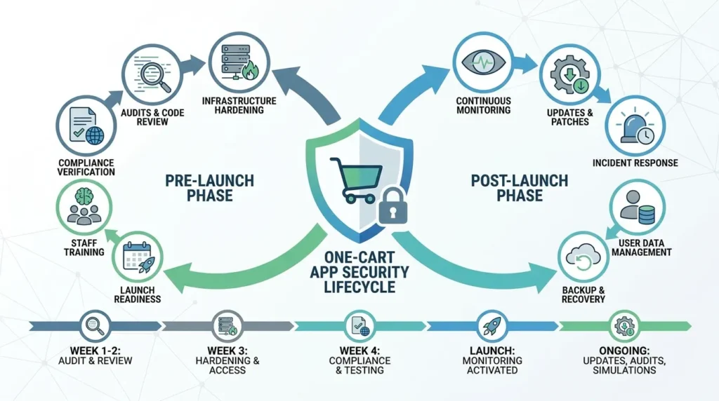 Infographic showing the OneCart app security lifecycle with compliance verification, code audits, infrastructure hardening, staff training, launch readiness, continuous monitoring, updates, patches, incident response, user data management, backup, recovery, and ongoing audits.