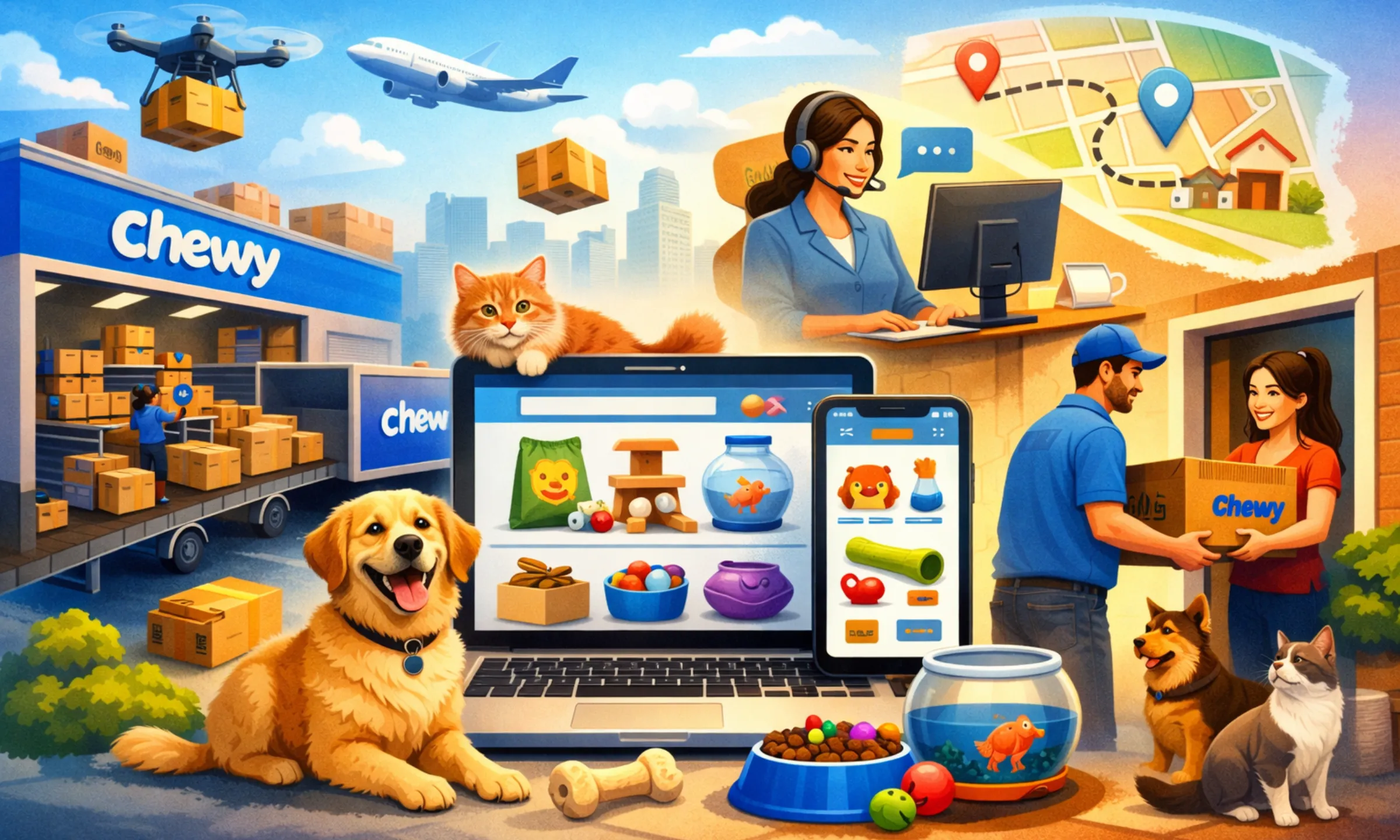 How Chewy works as a pet e-commerce platform showing online shopping, warehouse operations, delivery, and pet products Business Model of Chewy