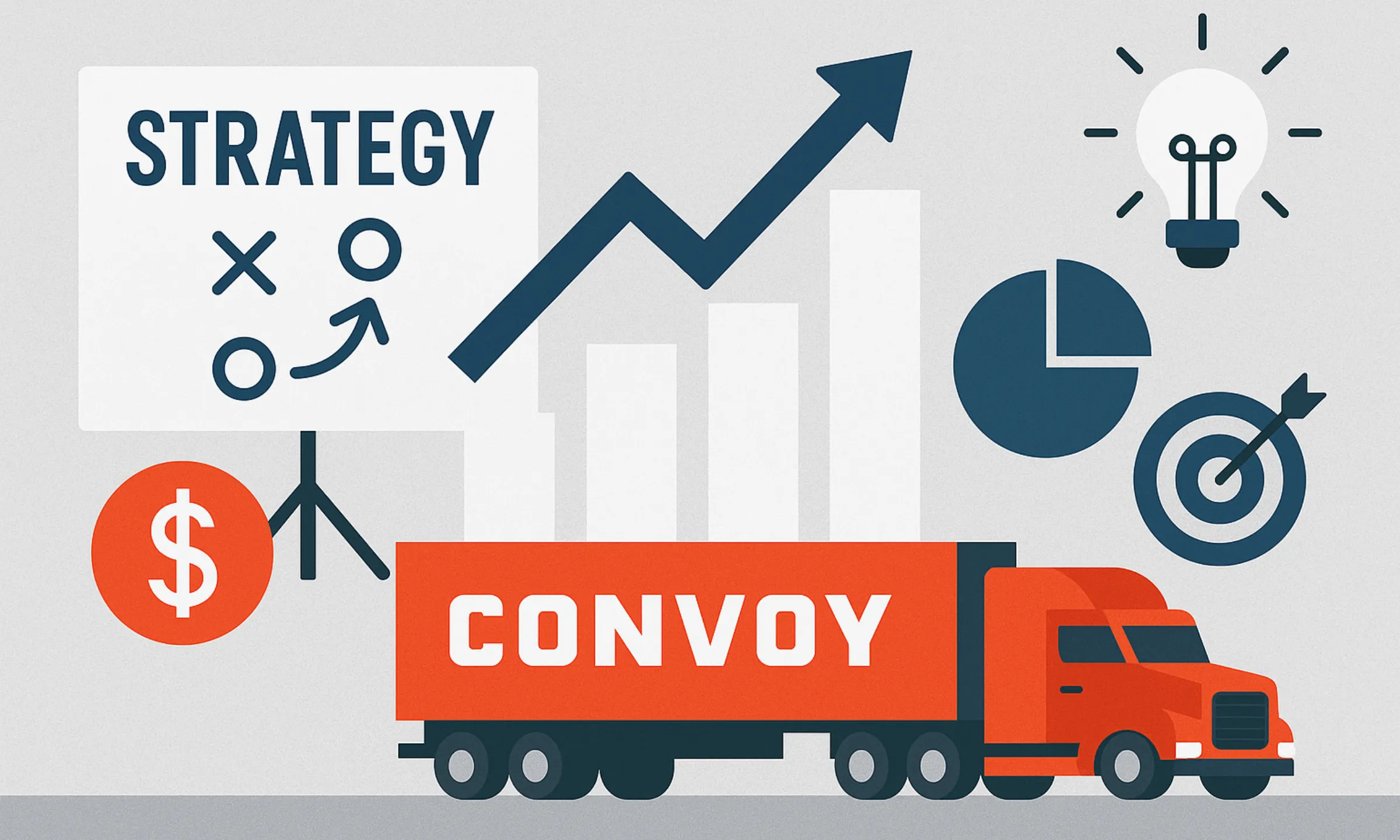 Illustration showing business model of convoy with digital freight truck, growth chart, pricing, and logistics strategy elements