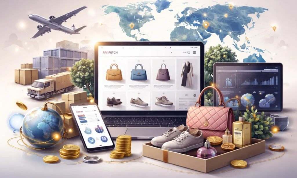 Business Model of Farfetch showing a global luxury marketplace platform with technology, logistics, and data-driven personalization.