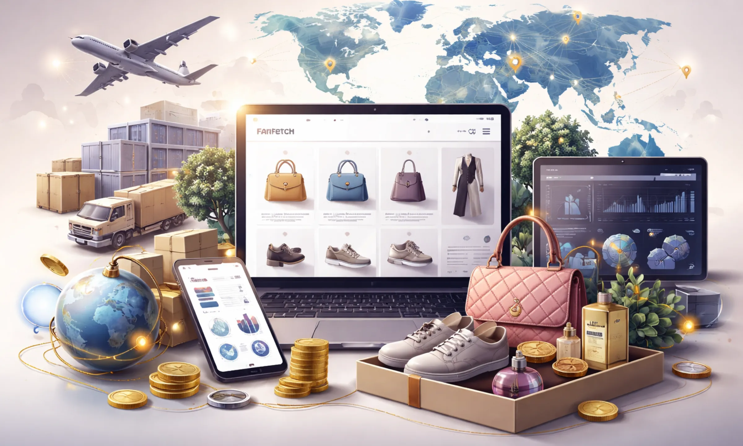 Business Model of Farfetch showing a global luxury marketplace platform with technology, logistics, and data-driven personalization.