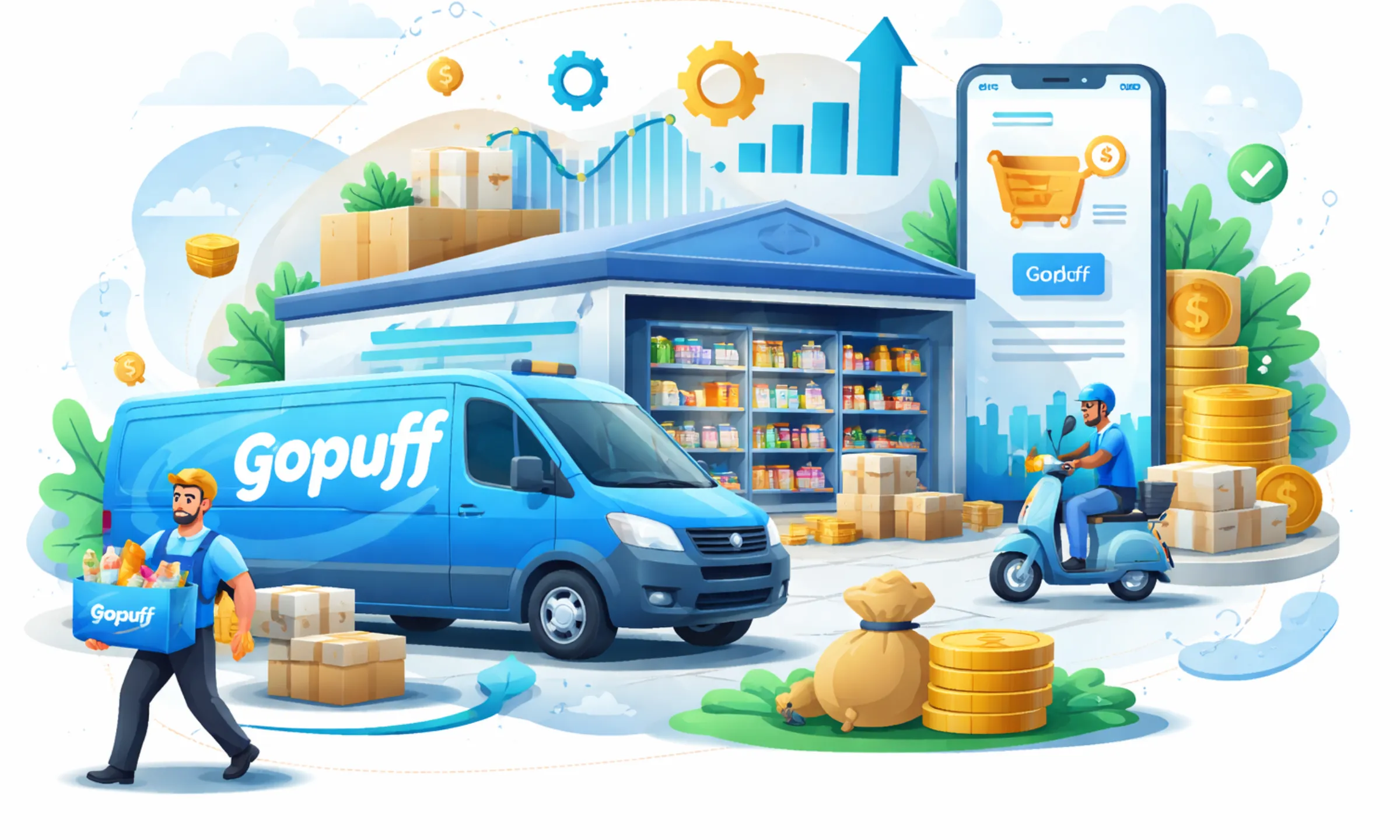 Business model of GoPuff showing dark store operations, inventory-led quick commerce, and last-mile delivery ecosystem
