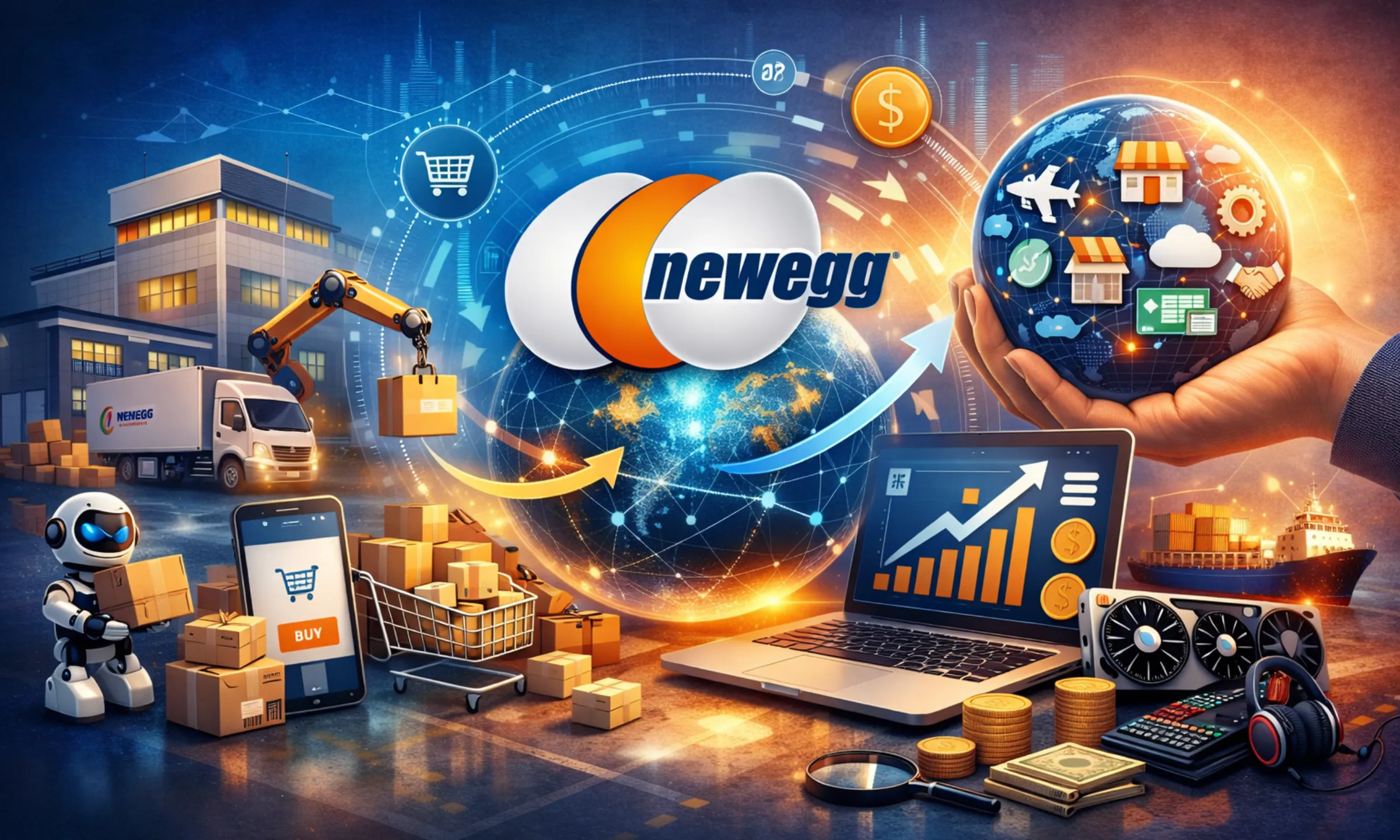 Business model of Newegg showing global eCommerce operations, technology products, logistics, and marketplace growth strategy in 2026