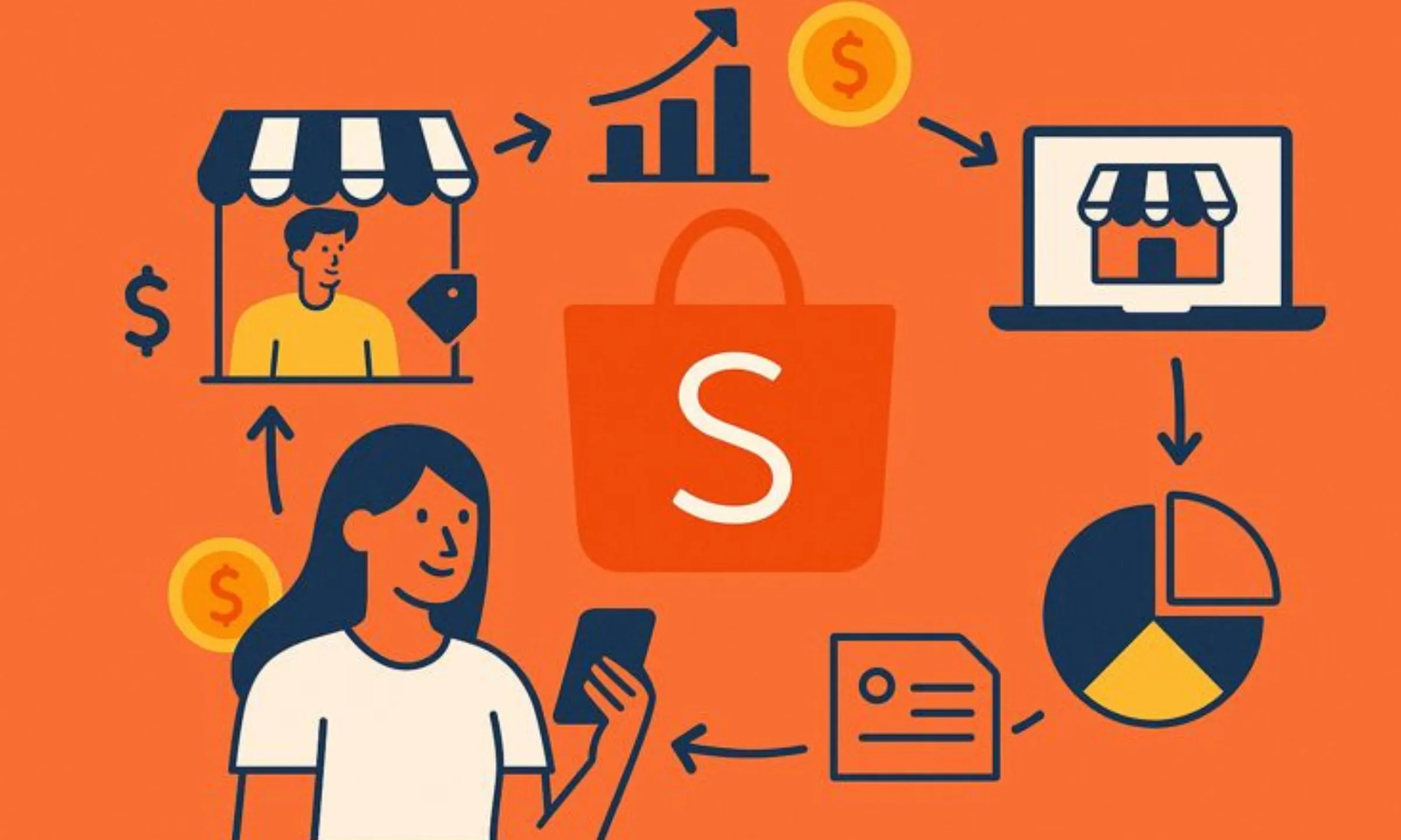 Illustration showing business model of Shopee with marketplace sellers, buyers, transactions, revenue flow, analytics, and platform growth ecosystem