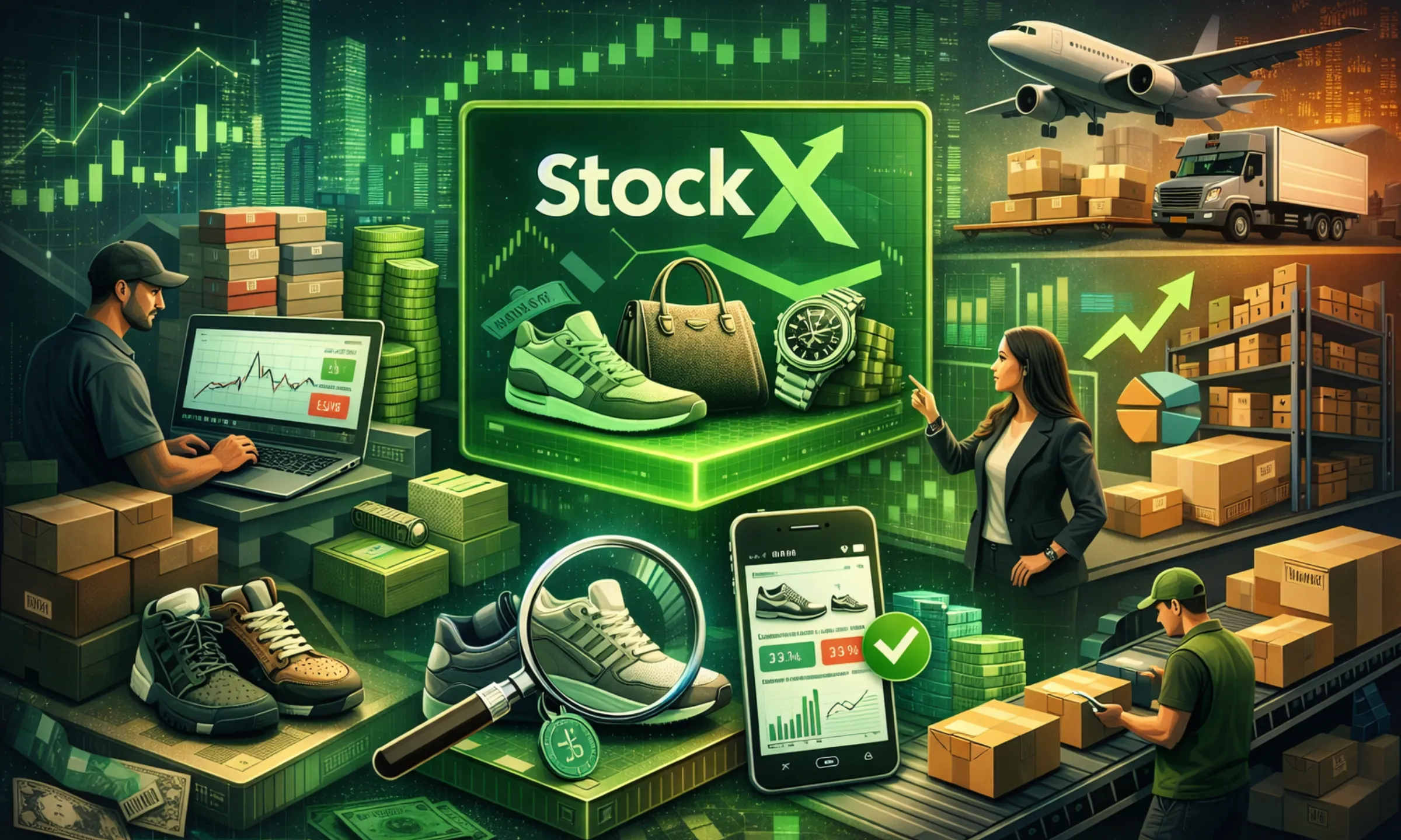 StockX marketplace revenue model illustration showing sneaker resale pricing, authentication process, global logistics, data analytics, and marketplace growth strategy Business Model of StockX