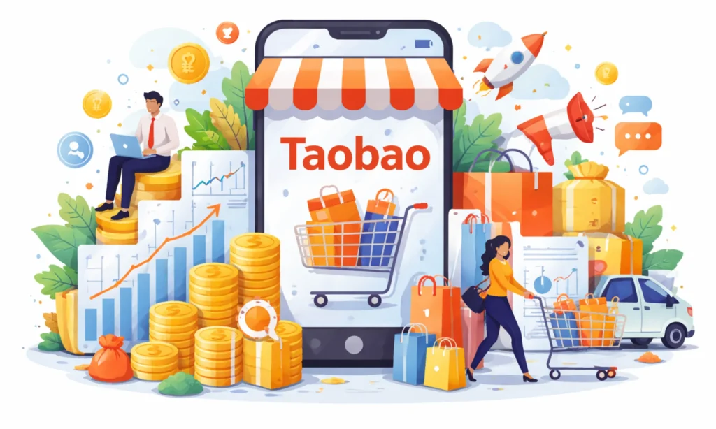 Business model of Taobao illustrating marketplace operations, seller ecosystem, advertising revenue, and platform growth strategy in 2025