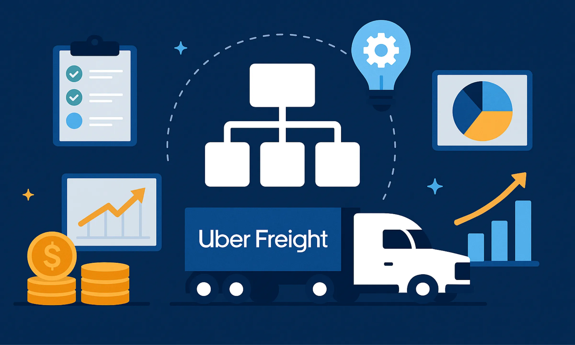Business model of Uber Freight showing digital freight marketplace, revenue flow, logistics technology, and growth analytics