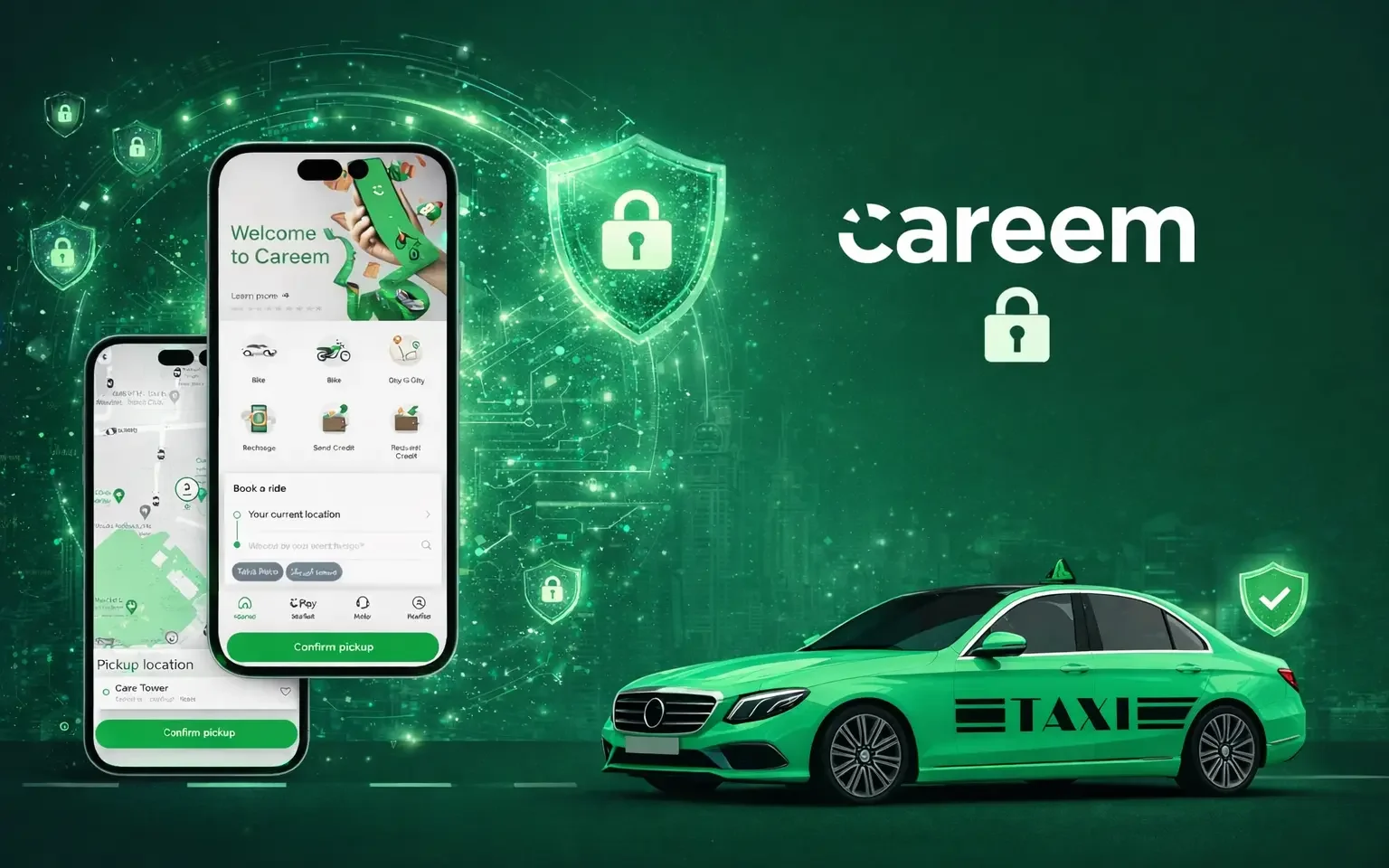 Careem ride-hailing app security illustration showing mobile app interface with lock icon and secure taxi platform