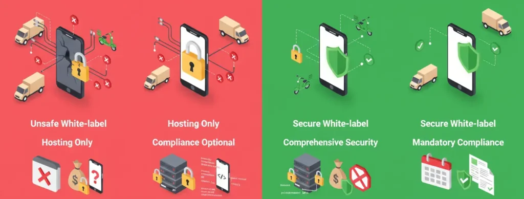 White-label Careem app security comparison showing unsafe hosting-only setup versus secure compliant ride-hailing platform
