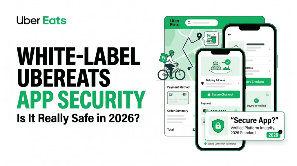 UberEats app security banner showing a white-label food delivery app with secure checkout, payment verification, delivery tracking, platform integrity, and 2026 security standards.