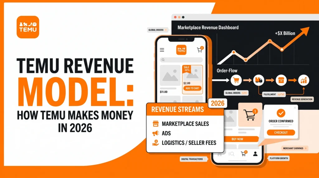 Temu revenue model banner showing an ecommerce marketplace app with revenue dashboard, order flow, marketplace sales, ads, logistics, seller fees, checkout, fulfillment, and 2026 revenue streams.
