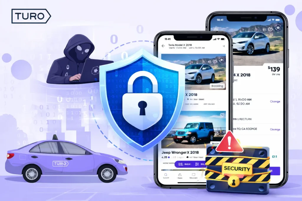 Turo app cybersecurity illustration showing data protection, hacker threats, secure car sharing app infrastructure, and user safety