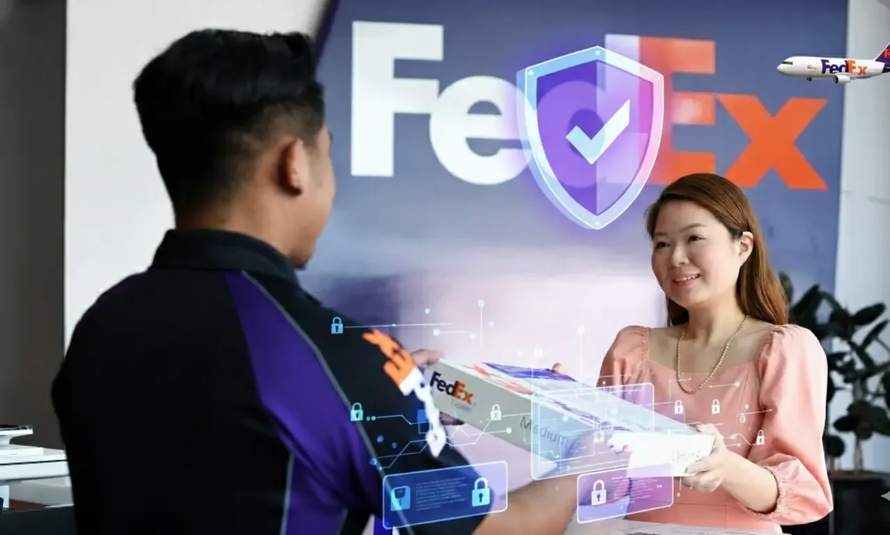 FedEx secure delivery showing protected package handover with digital security shield and data protection icons