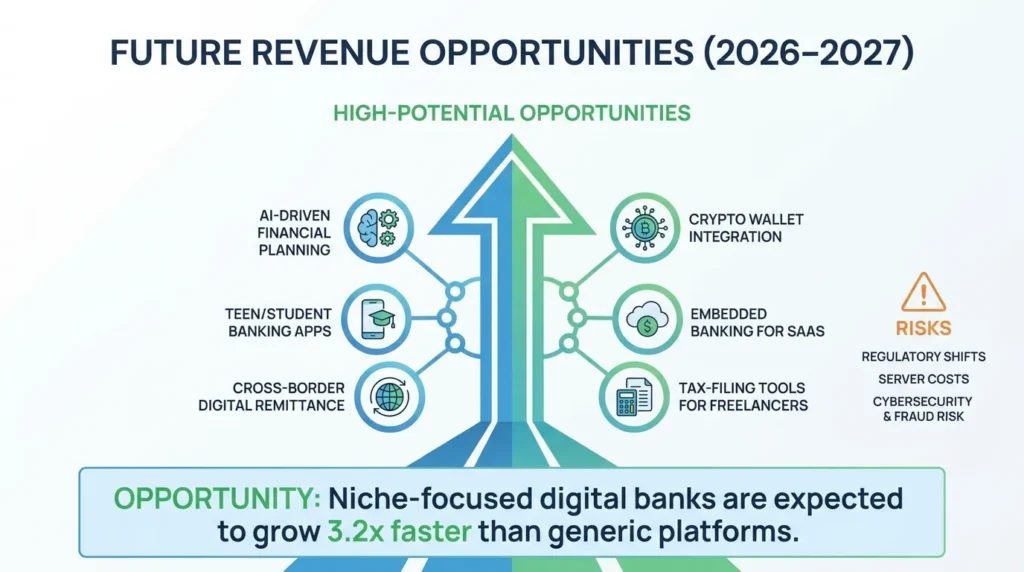 Infographic showing future digital banking revenue opportunities for 2026 and 2027, including AI-driven financial planning, student banking apps, cross-border remittance, crypto wallet integration, embedded banking for SaaS, tax-filing tools, niche digital banks, regulatory risks, server costs, cybersecurity, and fraud prevention.