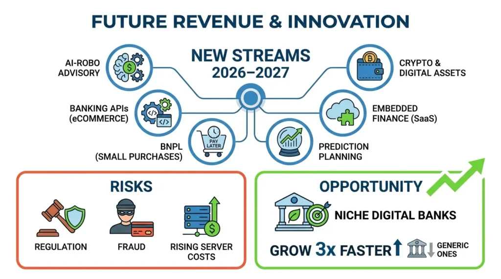 Infographic showing future banking revenue streams for 2026 and 2027, including AI robo-advisory, banking APIs for ecommerce, buy now pay later, predictive planning, embedded finance, crypto and digital assets, plus risks from regulation, fraud, and rising server costs.