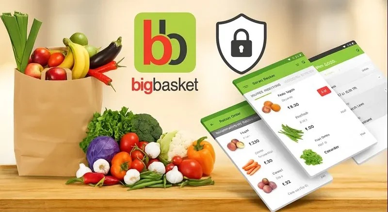 BigBasket grocery app interface with security shield icons representing data protection and secure online shopping