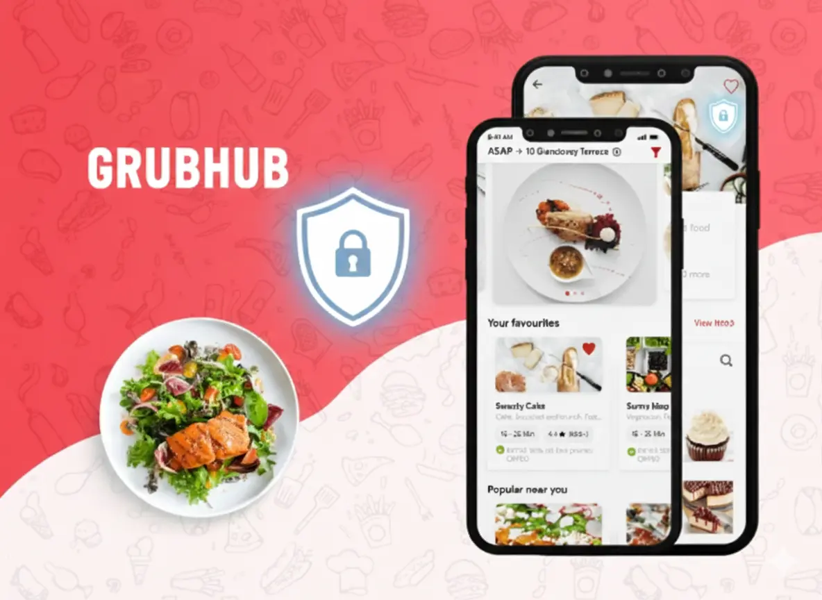 Grubhub food delivery app security illustration showing mobile interface with data protection shield