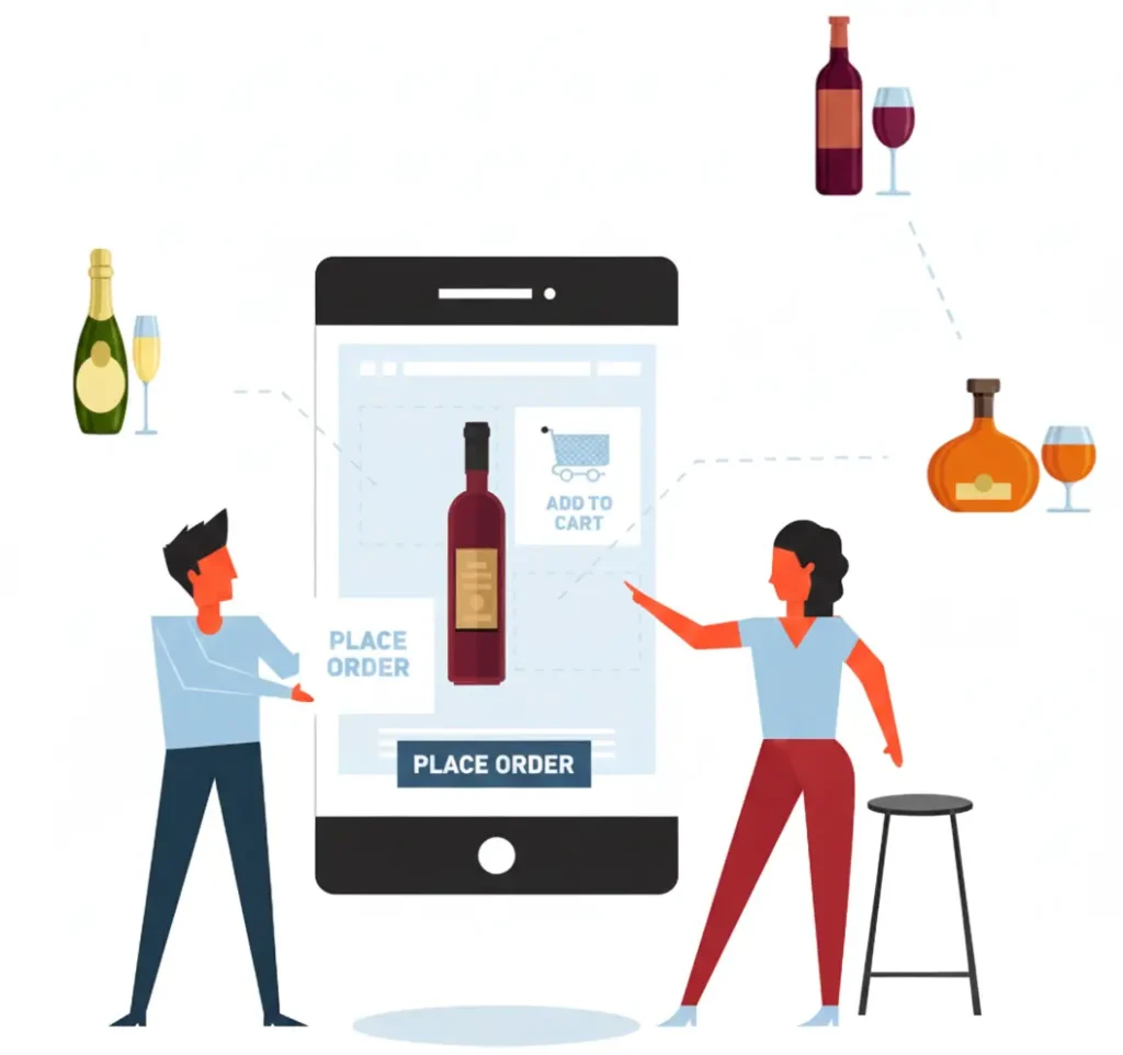 Illustration of a secure liquor delivery app showing encrypted online ordering, add to cart, and safe checkout process on mobile