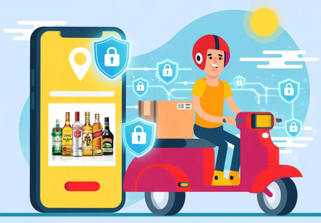 Illustration of a secure alcohol delivery app showing a delivery rider, mobile app tracking, and data security protection icons