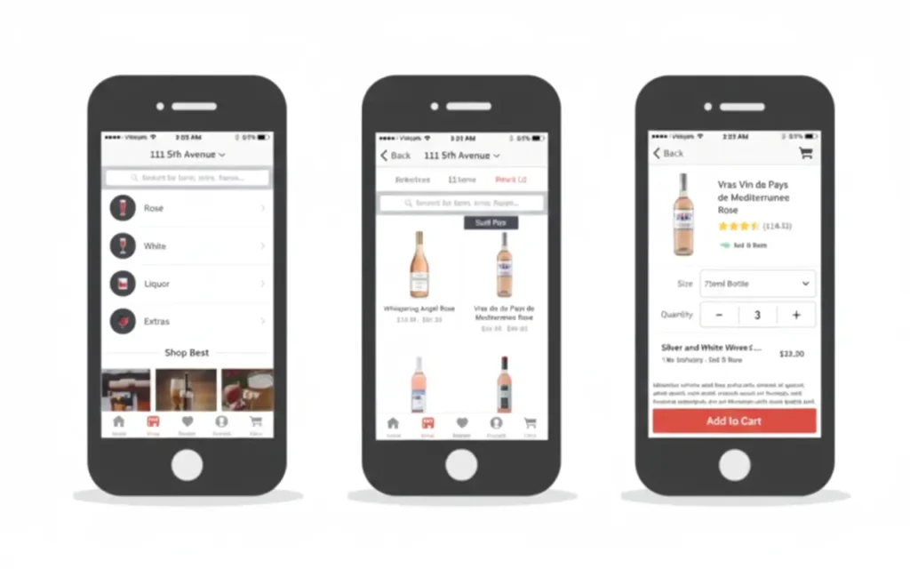 Liquor delivery mobile app screens showing product categories, wine listings, and secure add-to-cart checkout flow