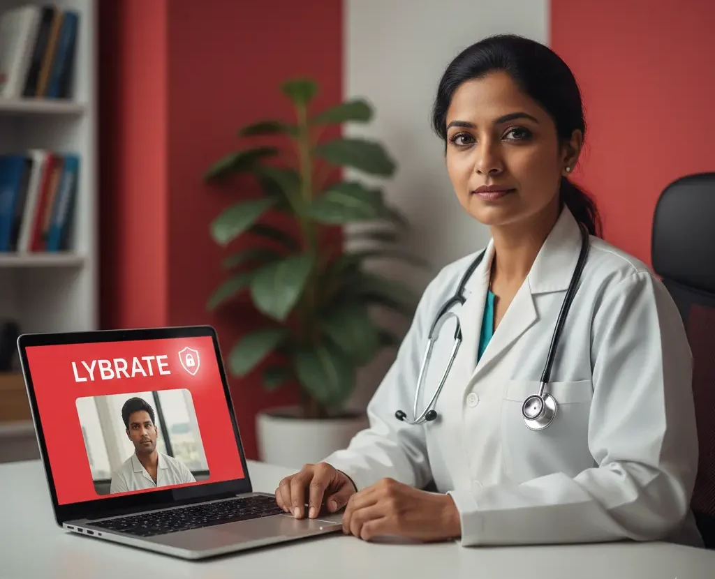 Lybrate telemedicine app showing secure online doctor consultation with female doctor on laptop in clinic