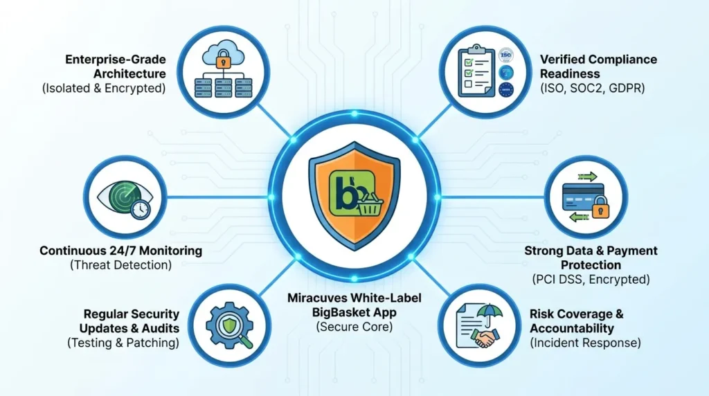 Infographic showing Miracuves white-label BigBasket app security with enterprise-grade isolated architecture, encrypted infrastructure, compliance readiness, secure payments, continuous monitoring, regular audits, security updates, incident response, accountability, and threat detection.