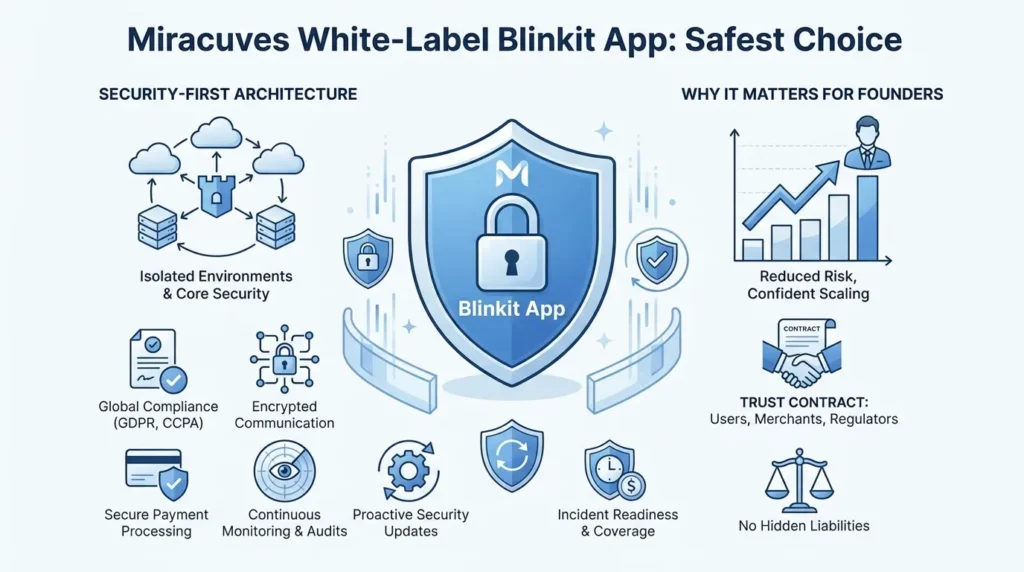 Infographic showing Miracuves white-label Blinkit app security with isolated environments, core protection, encrypted communication, secure payment processing, global compliance, continuous monitoring, security updates, incident readiness, reduced risk, confident scaling, and stakeholder trust.