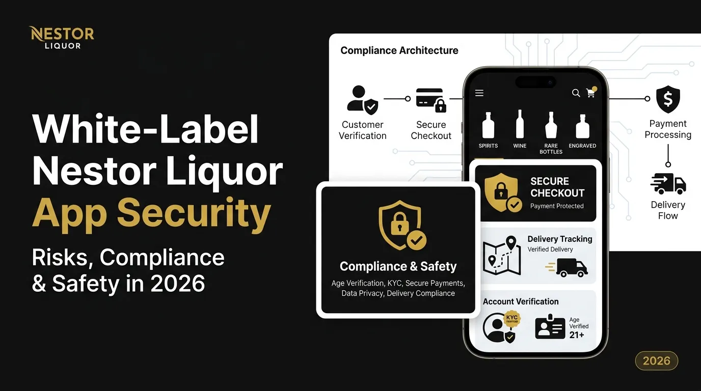 White-label Nestor Liquor app security featured image showing customer verification, age verification, KYC, secure checkout, payment processing, delivery tracking, data privacy, delivery compliance, and account protection.