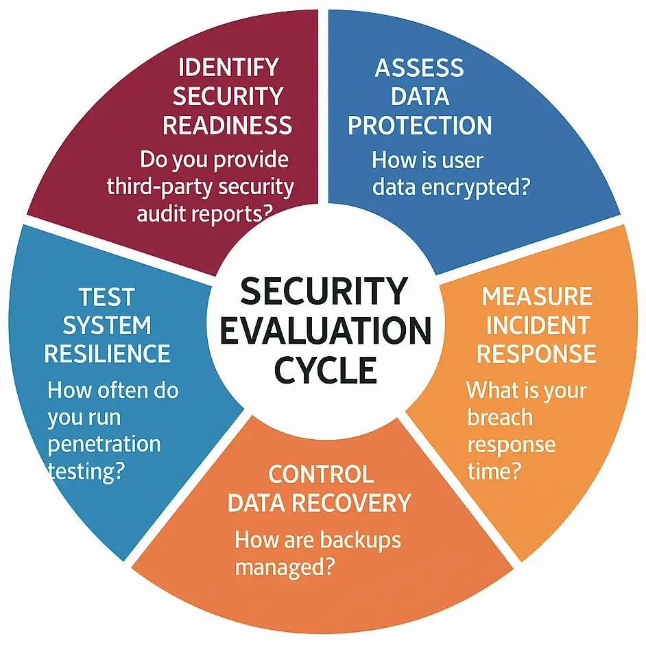 Security evaluation cycle diagram showing data protection, incident response, data recovery, system resilience testing, and security readiness assessment