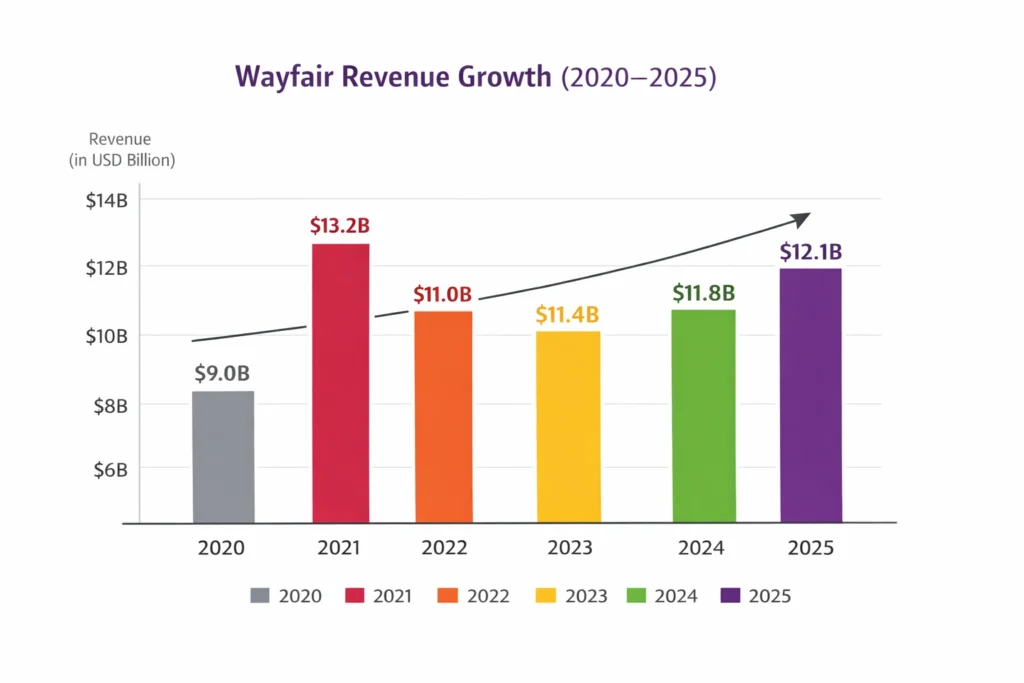 Revenue growth graph 2020–2025 wayfair