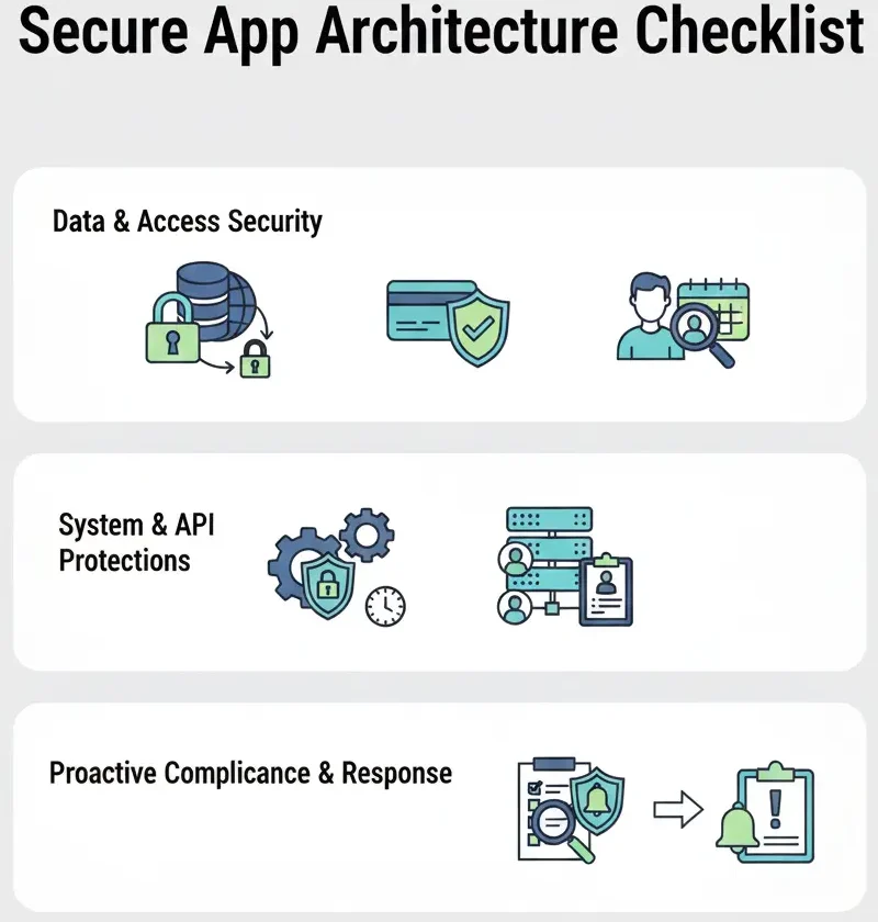 Secure app architecture checklist showing data security, API protection, and compliance readiness