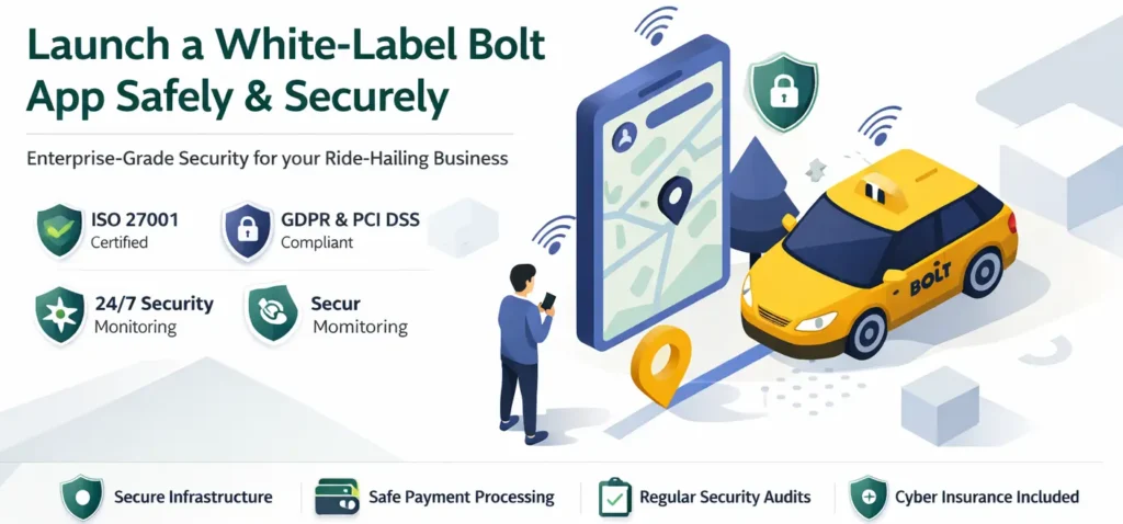 Secure white-label Bolt app showing encrypted ride-hailing platform with GDPR compliance and enterprise-grade security by Miracuves
