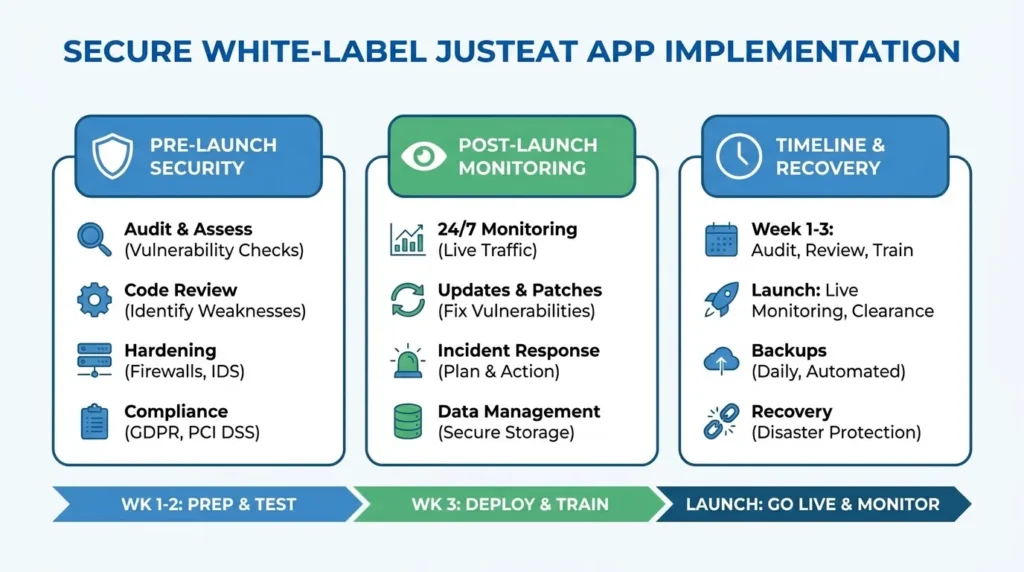 White-Label JustEat App Security: Risks, Compliance & Protection in 2026 2 Infographic showing secure white-label Just Eat app implementation with vulnerability audits, code review, firewall hardening, compliance checks, 24/7 monitoring, security patches, incident response, secure data storage, automated backups, disaster recovery, and phased launch preparation.
