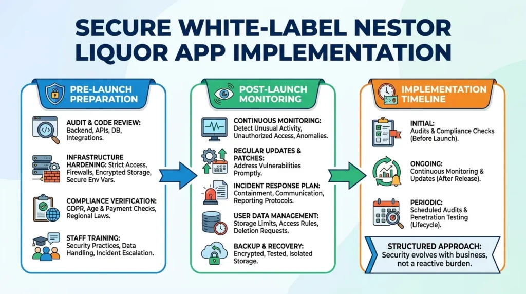 White-Label Nestor Liquor App Security: Risks, Compliance & Safety in 2026 2 Infographic explaining the core security foundation of a white-label Nestor Liquor app, including security myths, configuration risks, payment fraud, data scraping, account takeover, provider dependency, compliance gaps, encryption, role-based access, secure authentication, and regular testing.