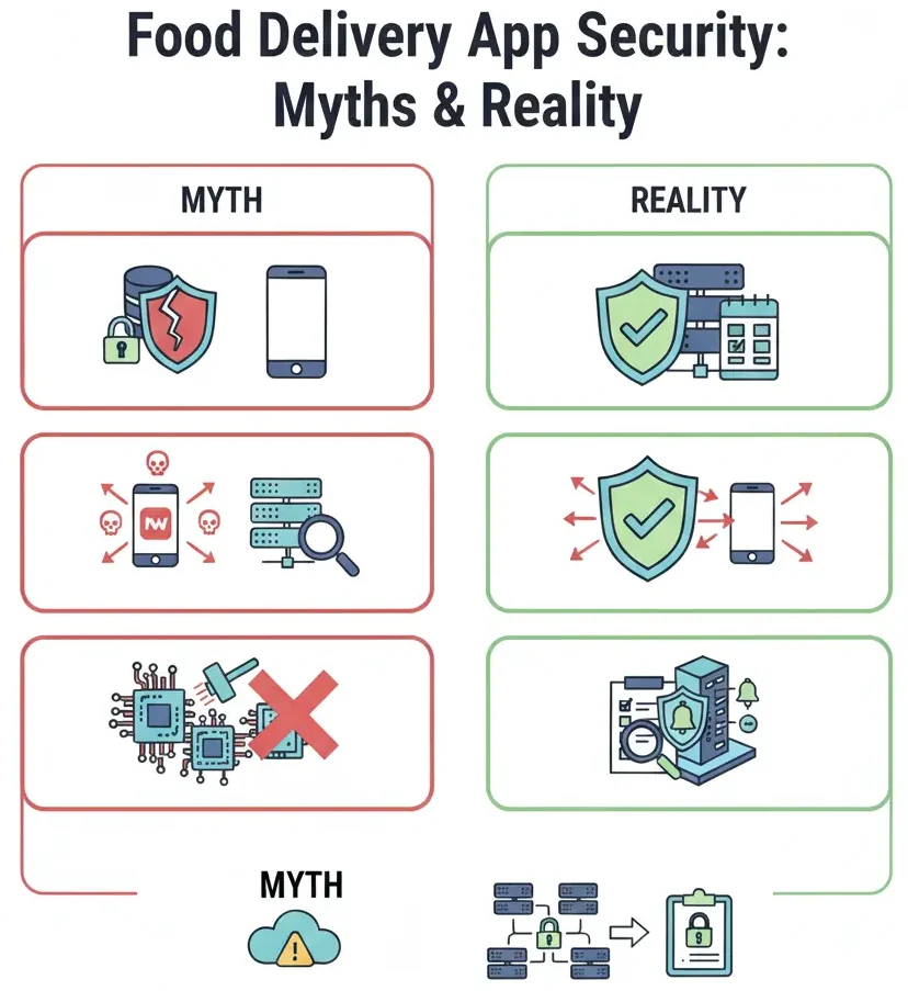 Food delivery app security myths versus reality infographic showing secure infrastructure, data protection, and compliance practices