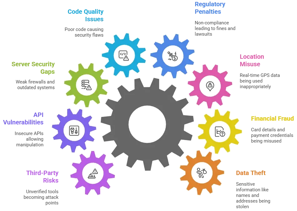 Smartphone with food delivery app UI and a large digital security shield icon over a light blue background