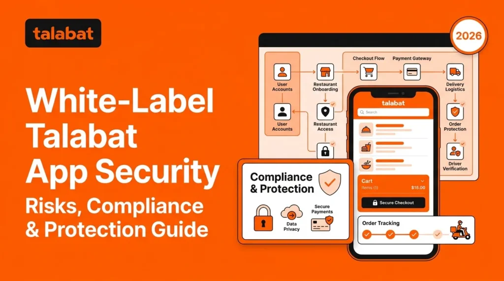 White-label Talabat app security featured image showing user accounts, restaurant onboarding, secure checkout, payment gateway, delivery logistics, order protection, driver verification, data privacy, secure payments, and real-time order tracking.