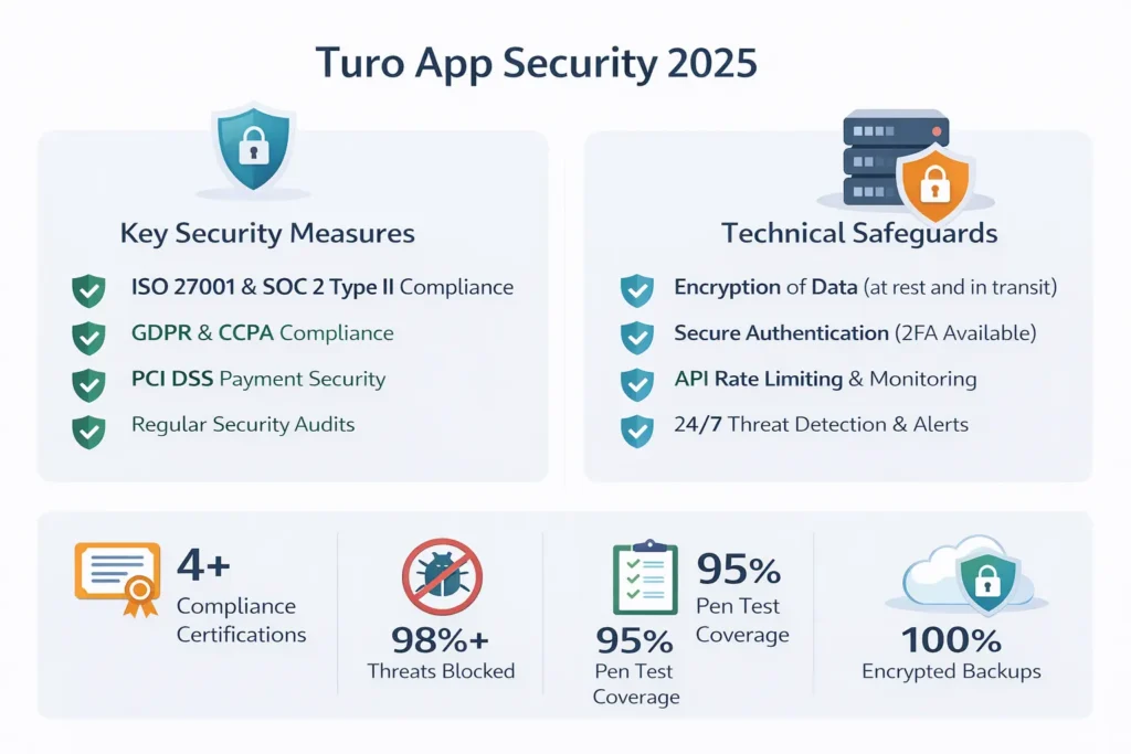 Turo app security overview showing ISO 27001, SOC 2 Type II, GDPR compliance, encrypted data, API security, and threat monitoring in 2025